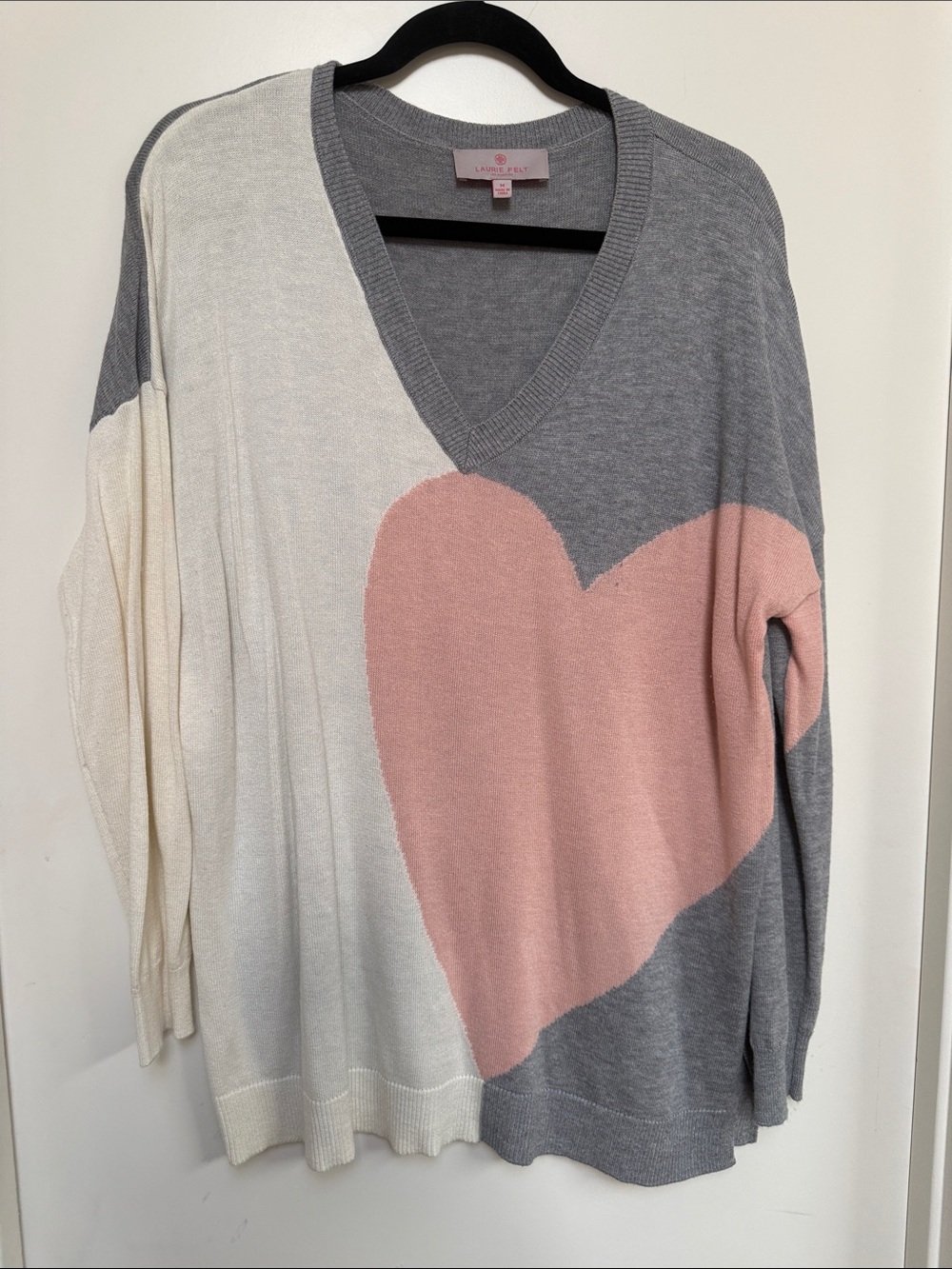 Laurie Felt Gray Cream Sweater with Pink Heart V-Neck
